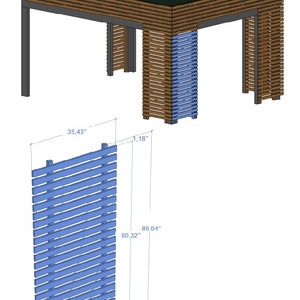 May include: A blue wooden slat fence panel with dimensions of 80.32 inches tall, 35.43 inches wide, and 3.54 inches deep. The panel is made of horizontal slats with a 1.18 inch gap between each slat.