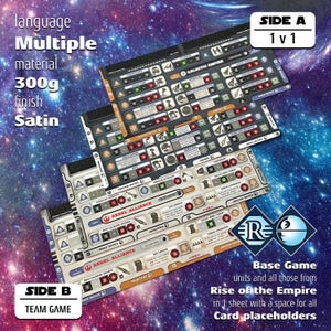 May include: A set of game boards with a satin finish, featuring Galactic Empire and Rebel Alliance factions. The boards include text labels like SIDE A 1 v 1, SIDE B TEAM GAME, and Base Game units and all those from Rise of the Empire in 1 sheet.