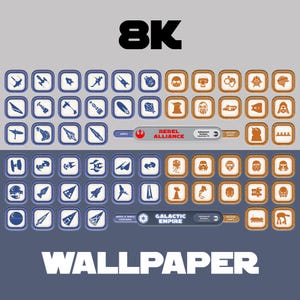 May include: A digital graphic featuring a grid of icons representing Star Wars ships and ground units. The top section displays Rebel Alliance symbols in blue and orange, while the bottom section shows Galactic Empire icons in blue and orange.