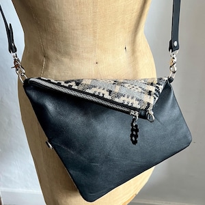 Upcycled Welsh tapestry blanket and leather flat crossbody/shoulder bag