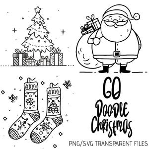 60 Navidad Doodle dibujado a mano PNG SVG dibujos Digital Clipart imprimible ornamental Lineart Clip Art Scrapbooking Descarga instantánea #01