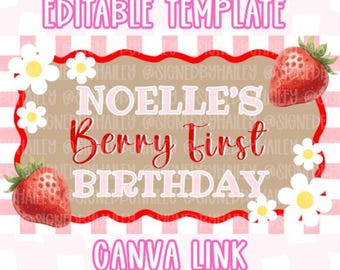Berry First Birthday Banner Template - Editable Digital Canva Link