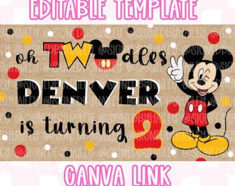 Oh TWOdles Mickey Mouse Second Birthday Banner Mockup - Digital Editable Canva Template