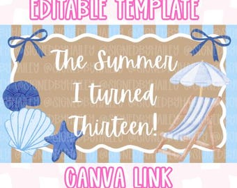 Maqueta de pancarta de cumpleaños con temática "El verano en que cumplí años" - Plantilla digital editable de Canva