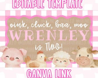 Plantilla de pancarta de segundo cumpleaños con animales de granja "Oink Cluck Baa Moo" - Plantilla digital editable de Canva