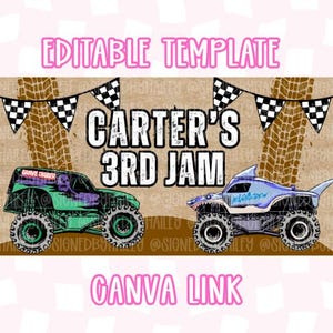 May include: A digital design featuring two monster trucks, one green and black with "Grave Digger" text, and a blue shark-themed truck. The design includes the text "Carter's 3rd Jam" and "Canva Link". Checkered flags and tire tracks complete the design.