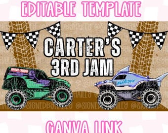 Monster Jam Birthday Banner Mockup - Digital Editable Canva Template