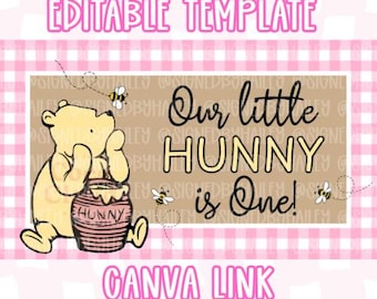 Winnie the Pooh Birthday Banner Template – "Our Little Hunny is One" Editable Canva Design