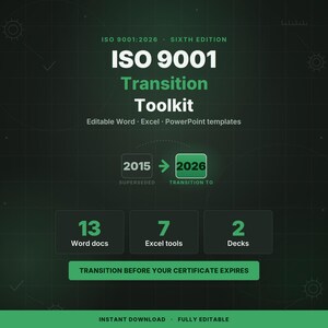 ISO 9001:2026 Transition Toolkit – Gap Analysis, Audit Templates (Editable Docs)