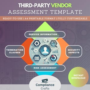 Könnte beinhalten: Ein Diagramm, das eine Vorlage für die Bewertung von Drittanbietern veranschaulicht. Die Vorlage enthält Abschnitte für Serviceinformationen, Kündigungsbestimmungen, Risikobewertung und Sicherheitsaspekte. Die Vorlage ist gebrauchsfertig, im A4-Format druckbar und vollständig anpassbar.