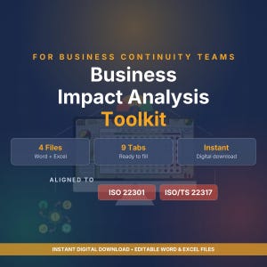 Business Impact Analysis Template ISO 22301 | 9-Tab Excel BIA with Worked Example, Methodology & Risk Matrix | Instant Download