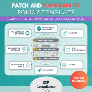 May include: A green and white infographic diagram outlining a patch and vulnerability policy template. The diagram includes steps such as vulnerability life cycle, inventory and assessment, NIST compliant, certified expert, risk identification, patching, documents and reporting, monitoring and review, deployment, and testing. The diagram also includes the text "Ready-to-use | A4 Printable Format | Fully Editable" and "Instant Download".