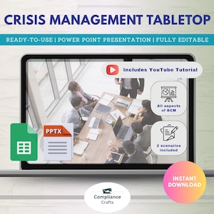 Puede incluir: Una pantalla de portátil muestra una presentación de "Crisis Management Tabletop". La imagen incluye texto: "Ready-to-use, Power Point Presentation, Fully Editable." Los iconos indican un tutorial de YouTube, aspectos de BCM y 2 escenarios. También hay un icono de hoja de cálculo verde y un icono de archivo PPTX.