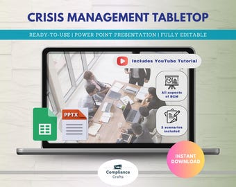 May include: A laptop screen displays a "Crisis Management Tabletop" presentation. The image includes text: "Ready-to-use, Power Point Presentation, Fully Editable." Icons indicate a YouTube tutorial, BCM aspects, and 2 scenarios. A green spreadsheet icon and a PPTX file icon are also present.