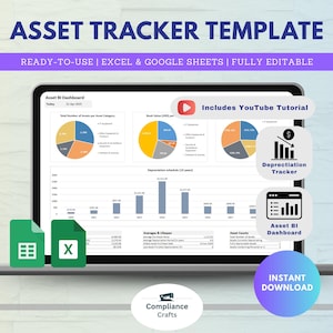 May include: A laptop computer displaying a spreadsheet with charts and graphs. The spreadsheet is titled "Asset BI Dashboard". The laptop is on a table with a green and white background. The text "Includes YouTube Tutorial", "Depreciation Tracker", "Asset BI Dashboard", and "INSTANT DOWNLOAD" is visible on the screen.