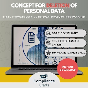 Może przedstawiać: Ekran laptopa wyświetla koncepcję usunięcia danych osobowych. Ekran pokazuje cyfrową reprezentację twarzy osoby z kodem binarnym. Tekst na ekranie brzmi "GDPR Compliant", "Certified Human Expert", "10+ Years Experience" i "Instant Download".
