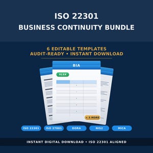 Könnte beinhalten: Eine digitale Grafik, die ein ISO 22301 Business Continuity Bundle bewirbt. Das Bild zeigt einen Stapel von Dokumentvorlagen mit dem Text "6 bearbeitbare Vorlagen, auditbereit, sofortiger Download". Zusätzlicher Text enthält "BIA" und "XLSX".