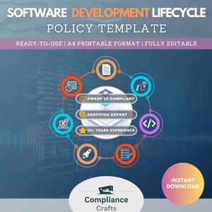 Puede incluir: Un fondo azul con un gráfico de una plantilla de política de ciclo de vida de desarrollo de software. El gráfico es un círculo con seis secciones, cada una con un icono y un texto diferentes. Los iconos incluyen un calendario, una computadora, un cohete, un lápiz, una bombilla y código. El texto incluye "OWASP 10 Compliant", "Experto certificado", "10+ años de experiencia", "Compliance Crafts" y "Descarga instantánea".
