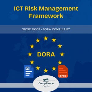 Puede incluir: Gráfico azul con el texto "ICT Risk Management Framework" y "WORD DOCS • DORA COMPLIANT". La imagen incluye un círculo de estrellas amarillas alrededor de la palabra "DORA" e iconos para archivos de Word y PowerPoint.