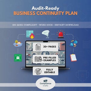 Può includere: Grafica digitale che promuove un piano di continuità operativa. L'immagine presenta un laptop che mostra icone e testo, tra cui "30+ PAGES" e "PRE-FILLED EXAMPLES". Il testo "Audit-Ready BUSINESS CONTINUITY PLAN" è in alto, con "ISO 22301 COMPLIANT" sotto.