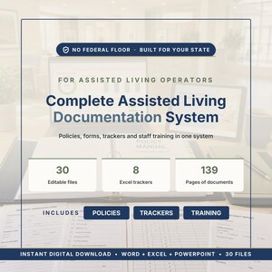 以下が含まれることがあります： Complete Assisted Living Documentation Systemと記載された介護施設運営者向けデジタル文書システム。30個の編集可能ファイル、8個のExcelトラッカー、139ページの文書が含まれ、ポリシー、フォーム、スタッフ研修資料で構成されています。