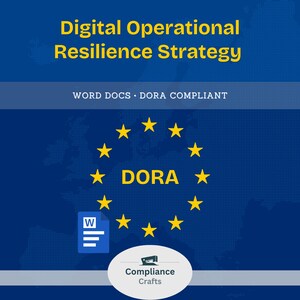 Puede incluir: Gráfico azul con el texto "Digital Operational Resilience Strategy" en amarillo. La imagen incluye el texto "WORD DOCS • DORA COMPLIANT" y un círculo de estrellas amarillas alrededor de la palabra "DORA". También hay un icono de documento.