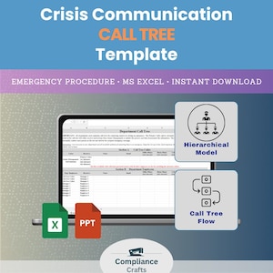 May include: A digital template for a Crisis Communication Call Tree, featuring a laptop displaying an Excel spreadsheet. The image includes icons for a hierarchical model and call tree flow, along with file icons for PPT and X.