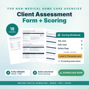 Home Care Client Assessment Form | Non-Medical Intake Packet + Excel Scoring | ADL, Home Safety & Care Level | Word, PDF, Instant Download