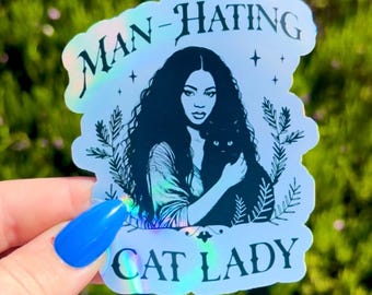 Pegatina holográfica divertida de mujer con gato que odia a los hombres / Feminista gótica