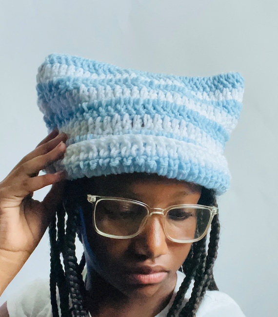帽子 cat ear knit cap (blue&white) Blue and White Cat Ear Beanie - Etsy