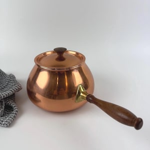 Copper Saucepan with Lid Wooden Handle Vintage Rustic Farmhouse Kitchen Cookware Antique Copper Pot Collectible Copperware Unique Gift Idea