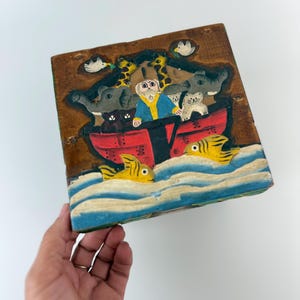 Carved Noah Ark Hand Painted Wooden Box Unique Trinket Animal Storage Box Kids Room Decor Religious Gift Nursery Keepsake Vintage Baby Gift