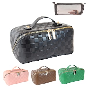Large Capacity Travel Cosmetic Bag, Makeup Bag, Opens Flat for Easy Access, Toiletry Bag, Thick and Soft Vegan Leather, Bridal Shower Gift