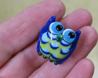 Blue Green Owl Lampwork Glass Bead
