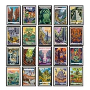 Juego de 20 pósteres de El Señor de los Anillos, pósteres de El Señor de los Anillos para descargar digitalmente, decoración de pared imprimible, juego de pósteres de viaje de El Señor de los Anillos, La Comunidad del Anillo