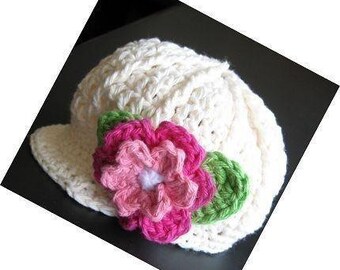 PATTERN Crocheted newsgirl/newsboy visor beanie/hat/cap with a rose -- 6 - 9 months and 9 - 12 months