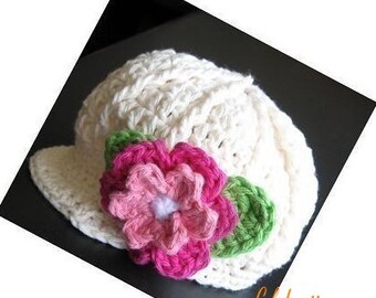PATTERN Crocheted newsgirl/newsboy visor beanie/hat/cap with a rose -- 0 - 3 months and 3 - 6 months