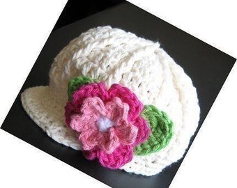 PATTERN in PDF -- Crocheted newsgirl/newsboy visor beanie/hat/cap with a rose -- 12 - 24 months and 2T - 4T