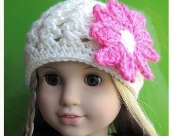 Pattern in PDF -- crocheted doll daisy flapper beanie hat for American Girl, Gotz or similar 18 inches dolls (Doll Hat 2)