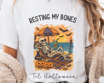 Skeleton Summerween Comfort Colors T-Shirt, Halloween Summer Shirt, Spooky Coastal Outfit, Retro Summerween Shirt, Unisex Halloween Gift