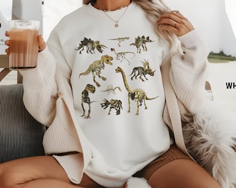 Dinosaur Skeleton Collage Printed T-Shirt, Paleontology Museum Apparel, Extinct Animal Fossil Top, Prehistoric Aesthetic Tee, Unisex Gift