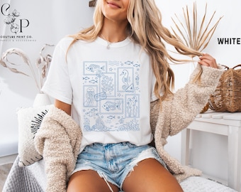 Ocean Creatures Stamps Comfort Colors T-Shirt, Under The Sea Coastal Aesthetic Apparel, Coral Reef Summer Vibes Tee, Schick Beach Lover Gift