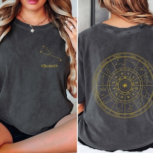 T-shirt personnalisé Constellation du zodiaque imprimé double face, nom personnalisé, carte cosmique, mois de naissance, cadeau chemise astrologie