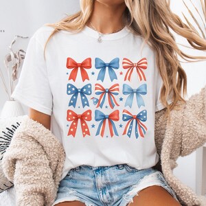 Coquette Aesthetic USA Bows Comfort Colors T-Shirt, Blue Red White Patriotic Style Tee, Independence Memorial Day Shirt, Fourth of July Gift