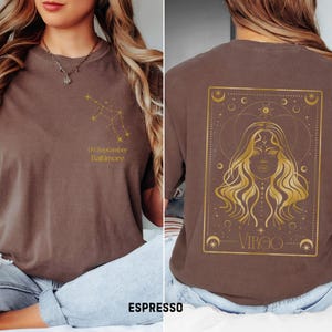 Carte de tarot du zodiaque personnalisée, couleurs confortables, t-shirt imprimé double face, nom personnalisé, t-shirt constellation du mois de naissance, cadeau de chemise astrologie