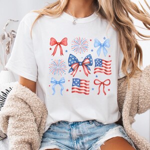 Coquette Aesthetic USA Flags Comfort Colors T-Shirt, Blue Red White Patriotic Bows, Independence Memorial Day Shirt, Fourth of July Gift