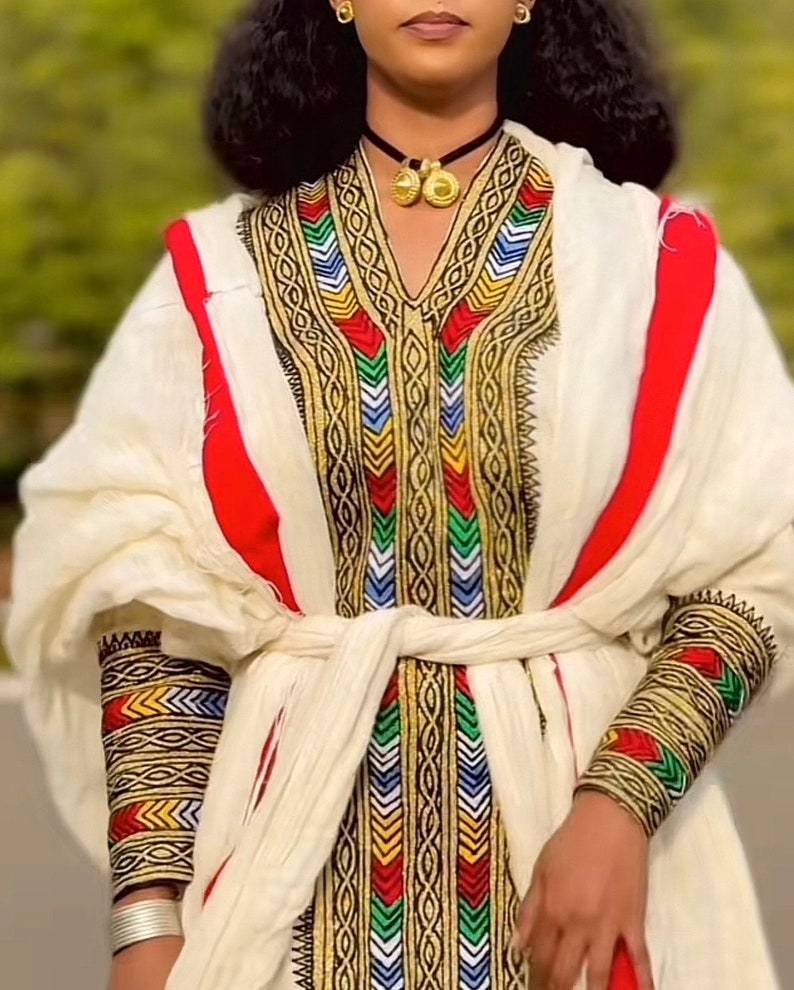Gonder Fetal Green Handwoven Ethiopian Dress – Traditional Full-Length Habesha Attire