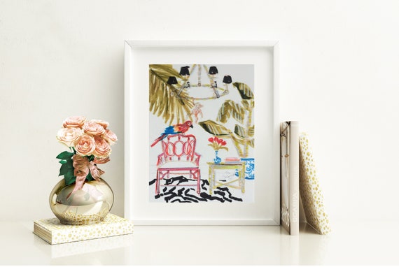 Whimsical Art Painting Chinoiserie Red Chair Jungle Animals Parrot Monkey Faux Bamboo Chair Interiors Sketch Tropical Print