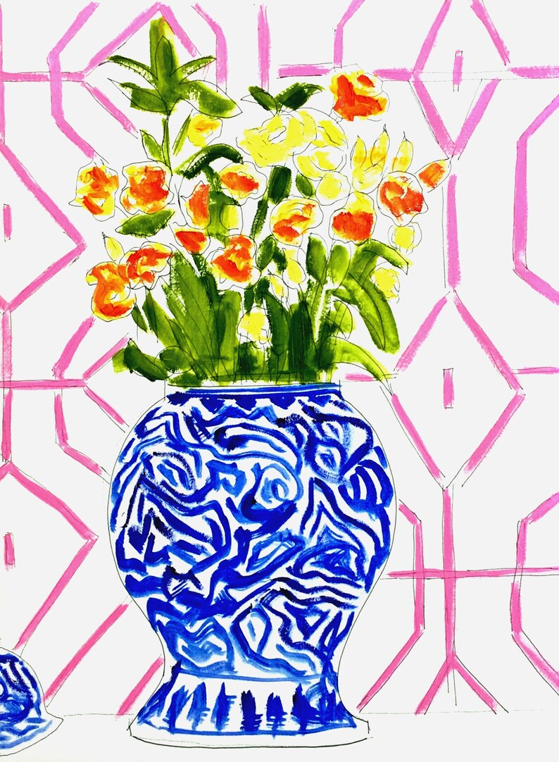 Ginger Jar Print Blue and White Vase Floral Painting Art Etsy