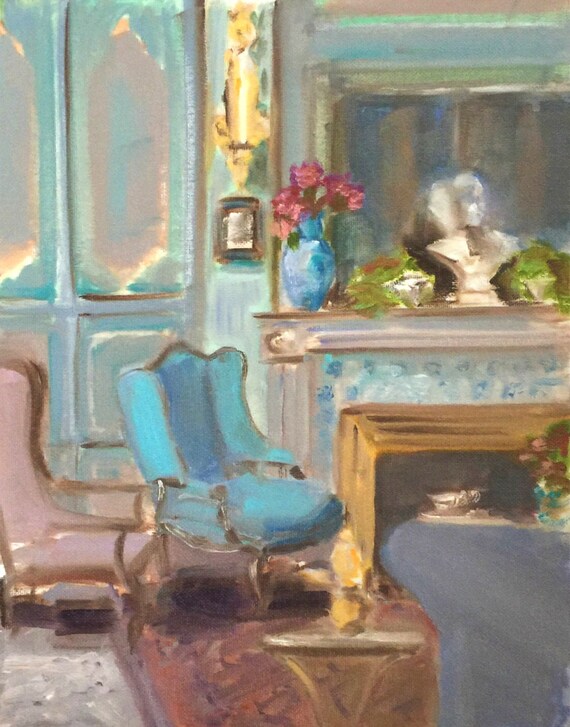 French Antique Furniture Interior Painting Original Oil Painting The Blue Salon Bergere Chair Blue Decor French Wall Art Manor House